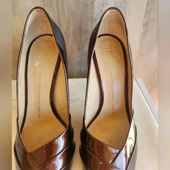 Giuseppe Zanotti Brown Patent Leather Peep Toe Criss Cross High Heel Pumps Sz 9 - Picture 8 of 11